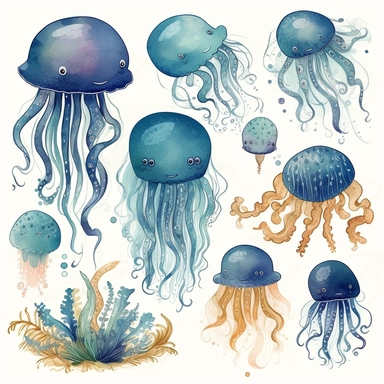Cute jellyfish clipart, Sea Creature, Ocean Animals, Kids Sea Creatures, Octopus Nursery Decor, with blue air bubbles and sea anemones and sea plants