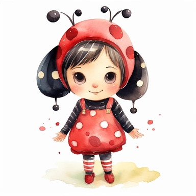 cute ladybug girl costume, watercolor, clipart, by Becky Down