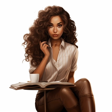 ethnic, curly dark brown hair, caramel skin tone, full lips, almond shaped eyes, silk blouse, sitting down, reading a book, cafe setting, white background, clipart