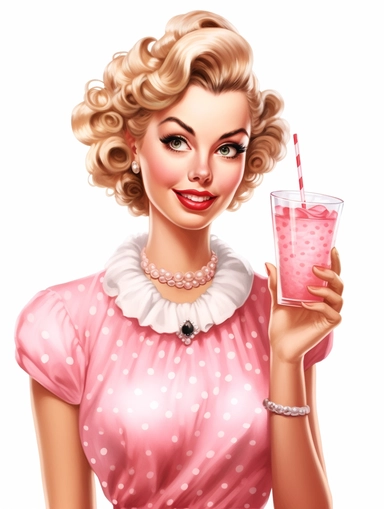 portrait of a stunning housewife drinking cocktail against white background, in the style of vintage-inspired pin-ups, realistic figures, polka dot madness, pink and amber, against white background clipart png