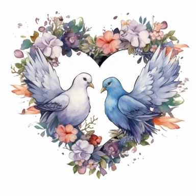 watercolor clipart of wedding doves kissing inside a floral heart wreath, colored ink illustration, good composition, vector, contour, isolated white background, 26k