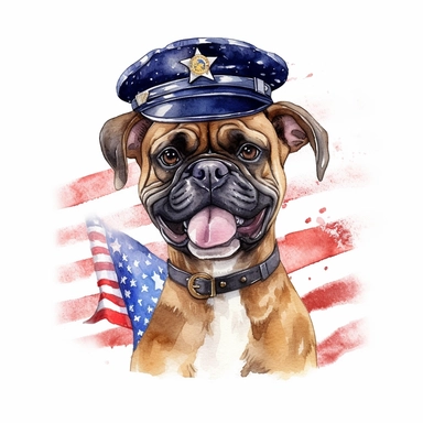 watercolor clipart, smiling boxer, in style policeman, full body, Police Badge, Police Uniform, Duty Belt, police Hat or Cap, background american Flag, white background, hyper detailed, 300 dpi, 8k, high solution, no watermark