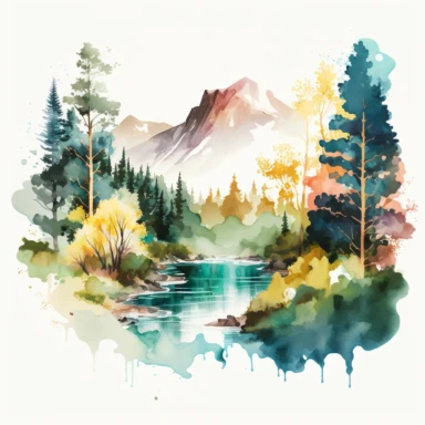 aquarel, jaw dropping beautiful forest landscape with mountains and river in the sun, nature, clipart png, white background