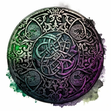 ink wash celtic pattern talisman clipart on transparent background, rodney matthews style, no splash, black inky blue purple violet green, single sheet, 4k