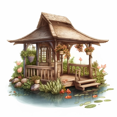 Capture the allure of an Enchanting fishing shelter Garden . Craft an ultra-detailed, 8K quality clipart without signatures or distracting lines. Embrace realism and artistry, showcasing intricate floral blooms and lush foliage. Set against a clean, white background for maximum versatility. Create a high-quality clipart that resonates with American women, evoking a sense of tranquility and natural beauty. Let your artistry transport them to a captivating garden escape