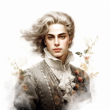 beautiful stunning handsome boy in vintage baroque fashion , paint art style, clipart, white background, superrealistic, one of a kind