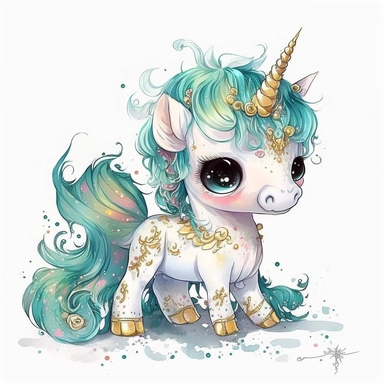 Upscaling image #1 with <https://s.mj.run/VVu0lg19AyI> fantasy baby unicorn, clipart watercolor illustration, aquarallist, cute, big eyes, pretty aqua, unicorncore, fairycore, free brushwork, watercolor, light and bright, four legs, gold horn, sparkle, sparklecore, detailed, isolated on a white background,