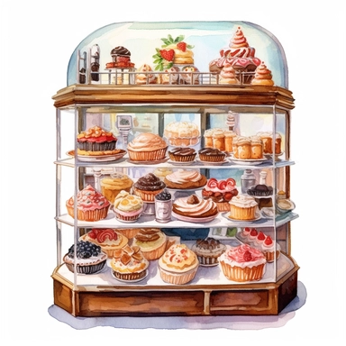 A vintage-inspired bakery with freshly baked goods displayed in glass cases, showcasing an array of colorful cupcakes and pastries, clipart, watercolor, white background, american style