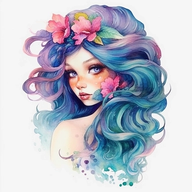 Watercolour animated fairytale whimsical beautiful mermaid pastel hair Disney inspired beautifully detailed perfect facial features PNG image,ultra highly detailed, 18k, sharp focus, bright photo with rich colours digitally enhanced, enhanced graphics, straight, sharp focus, bright lighting, intricate detailed png image ,high definition,300dpi,graphic clipart,computer graphics