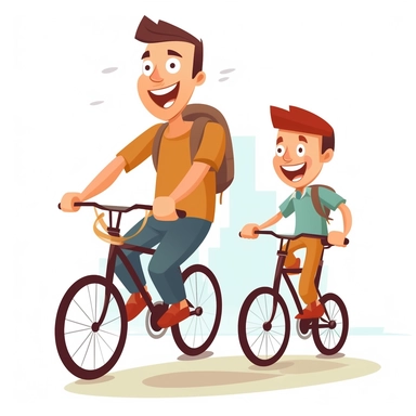 fathers day, clipart, father and son, cycling onthe road, white background