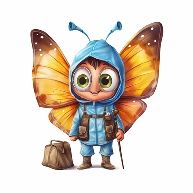 cute Butterfly character wearing camping clothes and camping gear with happy face,front facing on isolated background,with happy face and expression,Animal Sublimation Clipart,no splash watercolor,white background, ultra detailed clipart, cut out image, colorful watercolor realistic, cartoon style, ultra HD, sharp and clean art
