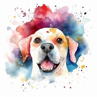 watercolor cool retro dog clipart, japanese cartoon art style, showing the emotion of joy and hapopiness, vibrant colors, beautiful, space theame