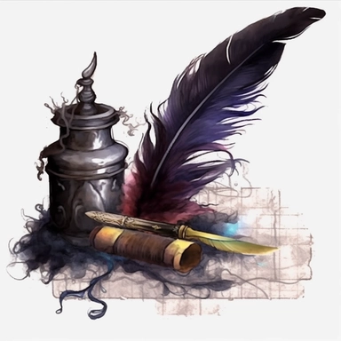 gothic watercolor clipart, quill pen with a feather on the end being used to write on a scroll, ink pot nearby, dark academia aesthetic, dark aesthetic, UHD, 8K, 3D, solid white background
