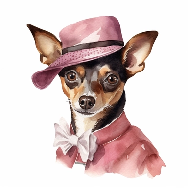 An adorable watercolor clipart of a Doggy Diva wearing a fashionable outfit, chocolate Rat Terrier