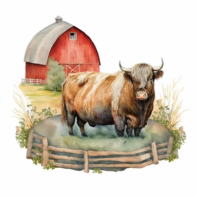 Highland Longhair Cow standing on a hay bale, with a red barn in the background, Watercolor, Clipart, sweet, cute, transparent background PNG