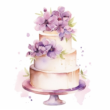 full perspective, watercolor three tier wedding cake clipart, add flowers and glitter, on a white background