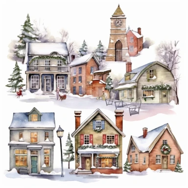 beautiful old town Christmas Clipart , style by Lucy Fleming, watercolor, smooth gradients, black contour outline, ultra detailed, clipart elements, delicate pastel colors, solid white background, super clear, high quality