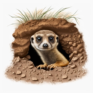 Adorable baby meerkat standing up or peeking out of a burrow clipart