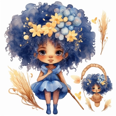 cute easter afro fairy girl watercolor clipart, indigo clothes, gold details