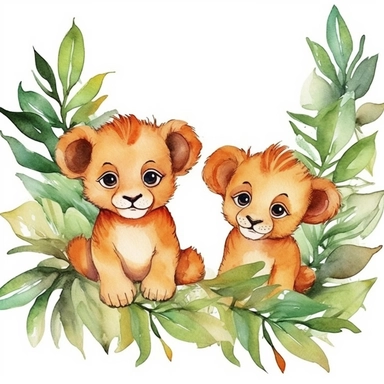 age border of cute baby lions playing in the jungle, clipart, white background, watercolor style--q2--v5.1--s1000