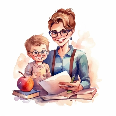 watercolor cartoon illustration, cute, teacher day clipart,adorable teacher and child, highest resolution and on white background. solid edges and clear clipart