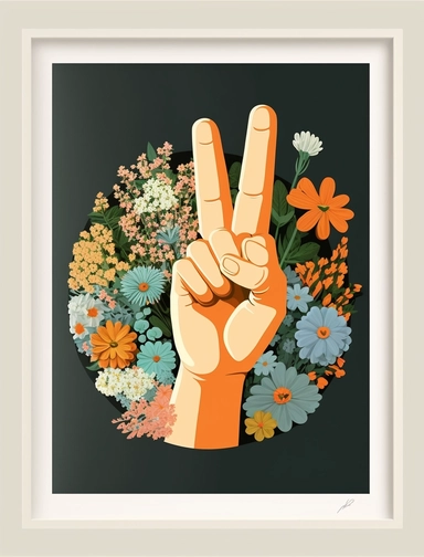 a hand showing a peace sign, framed with flowers, 70s inspired flat color clip art, retro,