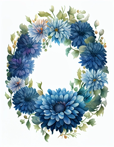detailed vibrant watercolor round blue chrysanthemum flower wreath with very wide middle white space , isolated on white background, realistic, clipart