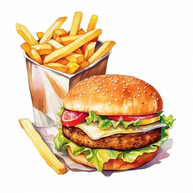 burger and fries, clipart, watercolor,
