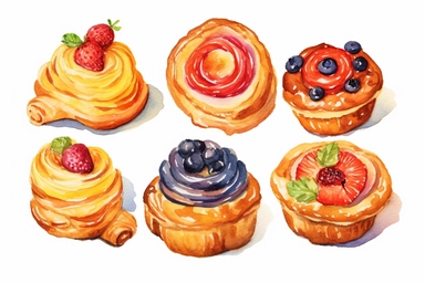 watercolor Danish pastry clipart, hd, white background, spaced out