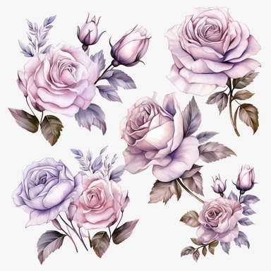 watercolor, Set of pale color rosettes and decorative stickers png Full body realistic cartoon in 32K UHD cute. 15 cm thick outline. Black color. There was no shadow on the ground. 8k with realistic watercolors and detailed illustrations. PNG clipart, transparent white background
