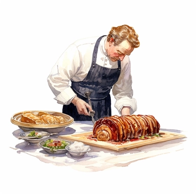 A chef preparing Beef Wellington, a classic British dish, in the Buckingham Palace kitchens, Clipart, watercolor, white background, intricate detail