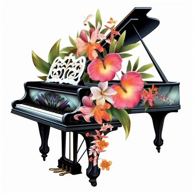 baby grand piano tropical floral clipart, varying angles and orientations white background