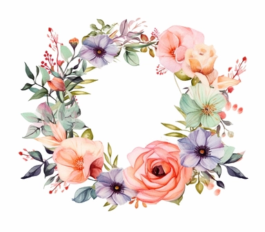Immerse yourself in a garden of beauty with this 3D watercolor clipart featuring a graceful floral wreath against a pristine white background. The artwork captures the essence of watercolors, with gentle brushstrokes and vibrant colors that bring the flowers to life. The mood of the clipart is tranquil and enchanting, evoking a sense of serenity and natural elegance. Against the white background, the intricate details and delicate hues of the watercolor flowers stand out, creating a visually cap