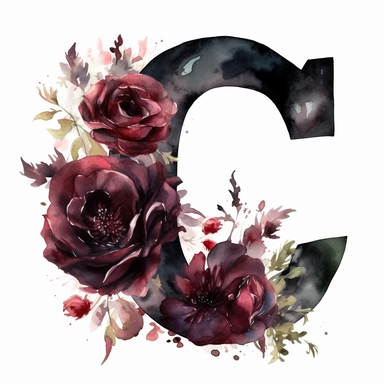 clipart, a watercolor illustration of a solid black color Letter C with maroon color roses, white background, in the style of sketchfab, phoenician art, luminous shadowing, pentax 645n, realistic oil portraits, kombuchapunk, animate gifs, detail in layers
