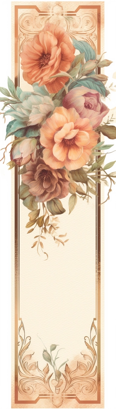 vintage inspired printable rectangle label with intricate sepia colored borders and hand drawn details. detailed with soft watercolor flowers at top edge only. No text. Isolated clipart on solid white background