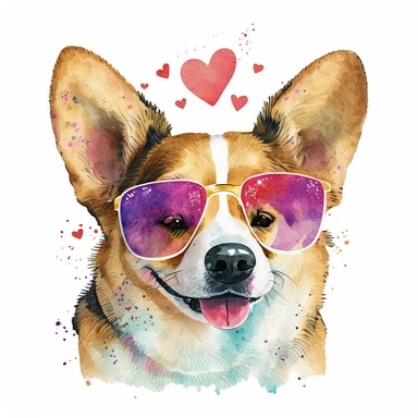 A cartoonish watercolor clipart portrait of a corgi wearing heart-shaped sunglasses, with a white background. The corgi has a playful and romantic expression, with its tongue out or a kissy face. The clipart has a cute and charming style, with a lot of glitter and sparkles on the glasses