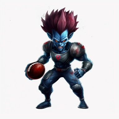 ClipArt of a Vegeta football player male with an evil smile Glowing red eyes, holding a grenade and a football, wearing a dark-blue ripped-up football, jersey, wearing a cracked football helmet, realism with a white background ar-- 2:3
