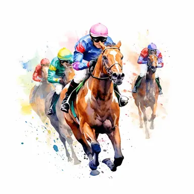 Horse racing, highly detailed, watercolor, clipart, illustration, white background, digital painting, paper crafting, no signature, no text