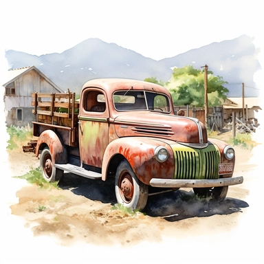 realistic watercolor drawing of a vintage ford truck in California farm, on a white background where the background will be removed to repurpose as a clipart.