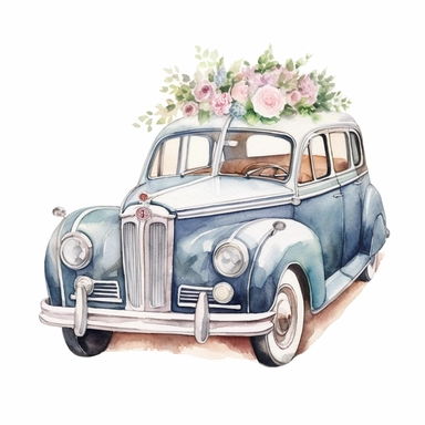 watercolour wedding car, clipart on white background, highly detailed, professional color gradation, clean sharpness