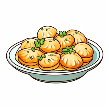 a dish of Garlic Buttered Scallops on a big white round plate, cartoon clipart, vector, pastel color, white background cartoon doodle line, thick outline, low detail, cute