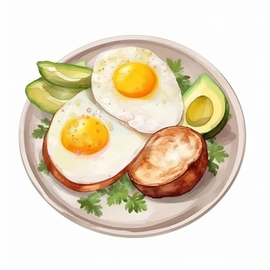 isolated illustration on a white background, a hyper realistic lunch with baked eggs pieces of avocado and a white sandwich on a plate in realistic beige colors, Clipart, watercolor realistic and highly detailed, natural realistic soft colors