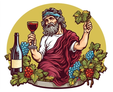Sticker Clip Art of Sticker Clip Art of Dionysos thick God of Wine and Food, Greek Temple, mystical ancient greece background, fiest, agora, recognisable features, children friendly, illustrated in a playful style with a friendly expression, perfect for any special occasion, cut out in the shape of Dionysos, with no visible background, giving it the appearance of a high quality sticker, conveying a mystical and whimsical mood, edited with Adobe Photoshop to adjust brightness and contrast, render