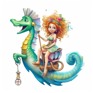Visualize a playful clipart mermaid with a green tail and a mischievous expression, riding a seahorse carousel in a whimsical underwater amusement park on a white background.