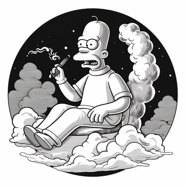 Illustration hand draw style of cartoon Homer Simpson smoking a joint with massive clouds forming from the smoke, black and white , clipart collection, vector line, white background