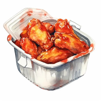 watercolour container with chicken wings, clipart on white background, no watermark, highly detailed, professional color gradation, clean sharpness