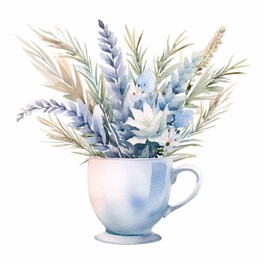 {pastel blue, light blue, soft blue, pale blue} Foxtail bouquet in tea-cup, wet on dry watercolour style, clipart, white background