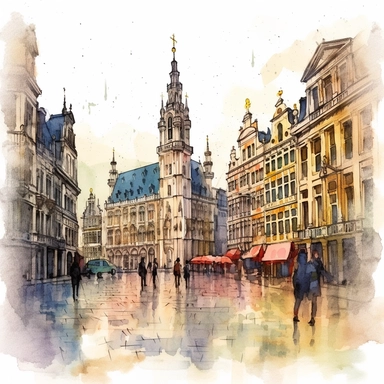 a Belgium Grand Place, Brussels in the style of watercolour clipart with detailed brush strokes