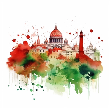 watercolor promotional print for the city of Roma depicting the essence of the Italy soul, dreamlike, clear individual recognizable elements, inspired by line art in green, white and red color, clipart, on white background