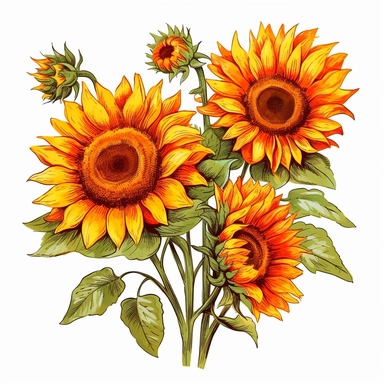 wild grown sunflowers with white background, beautiful and vibrant colors with mythical elements, clipart, high resolution, high definition